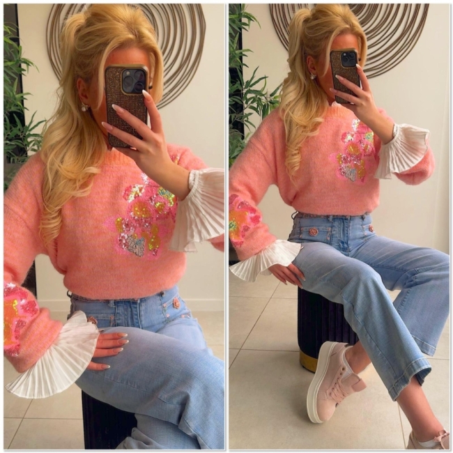 Pull pink zalm paillettes bloemen 