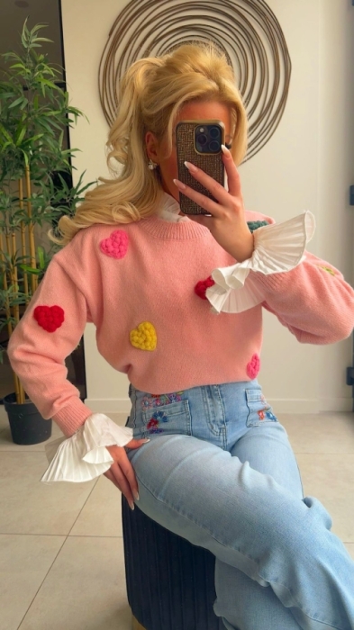 Pull roze broderie color