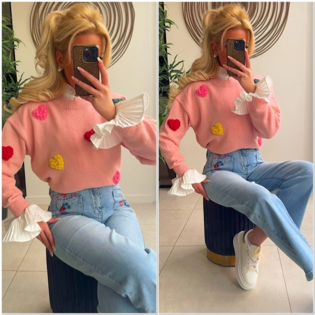 Pull roze broderie color