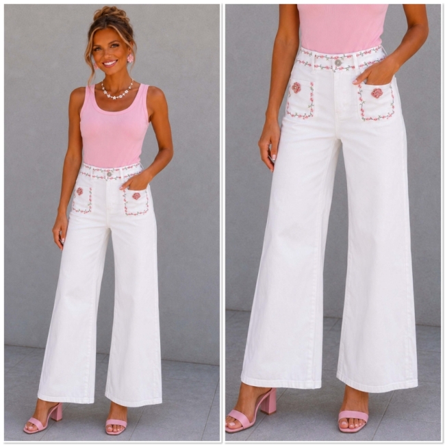 Pants Wide leg White flowers broderie 