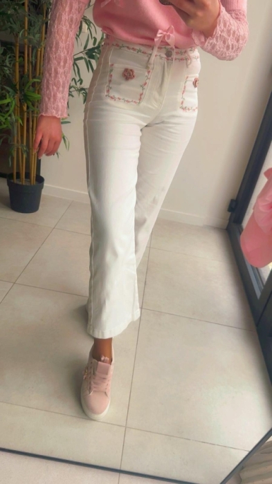 Pants Wide leg White flowers broderie 
