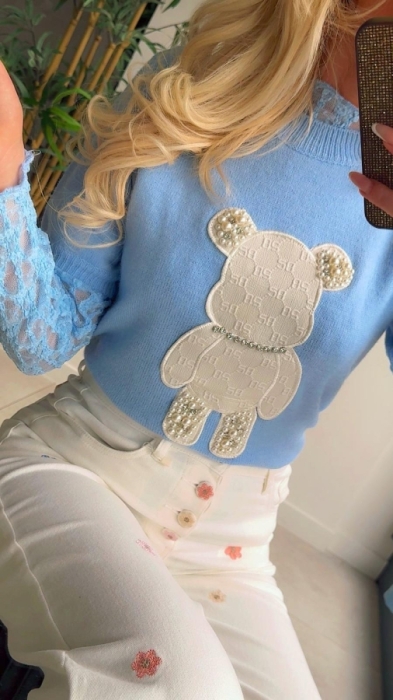 Pull bleu teddybéer blanc 