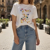 T shirt white teddy flowers broderie 