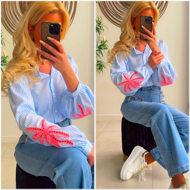 Bloes blauw broderie pink 