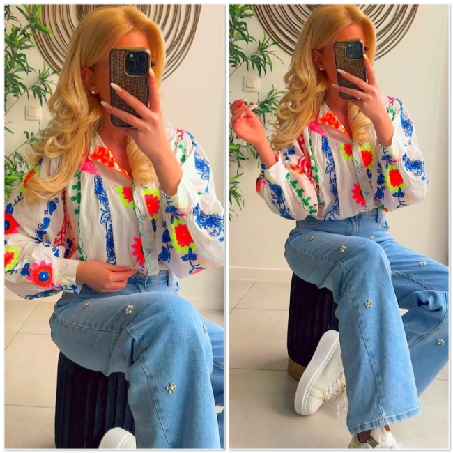 Blouse White multi fluo broderie 