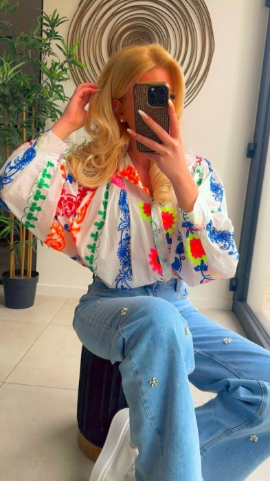 Blouse White multi fluo broderie 