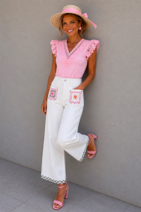 Pants White Wide leg color