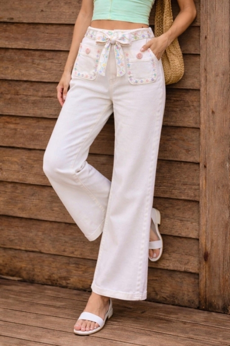 Broek wit Wide leg pastel broderie 