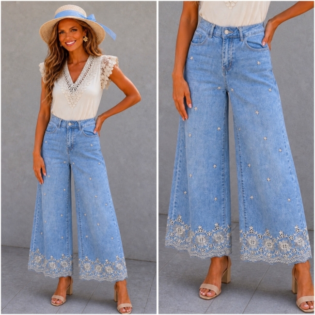 Jeans Wide leg boord broderie 