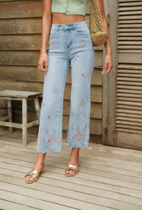 Jeans Wide leg broderie bloemen 