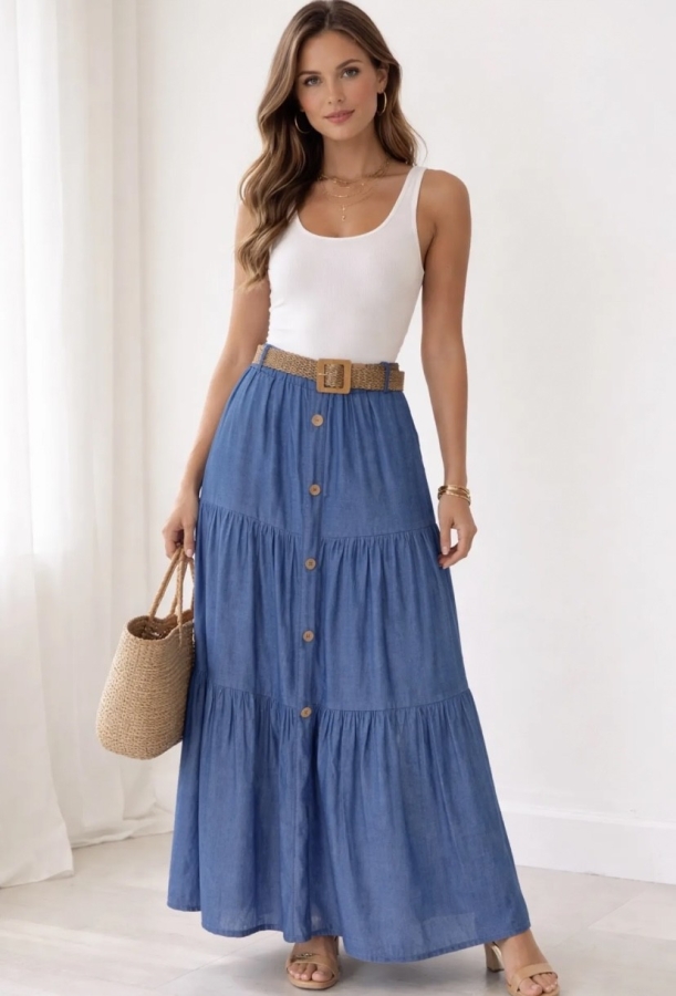 Rok lang jeans blauw knopen | K-Charo: trendy dames en kinderkleding