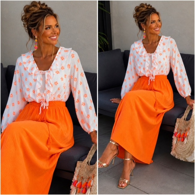 Blouse blanc orange fleurs 
