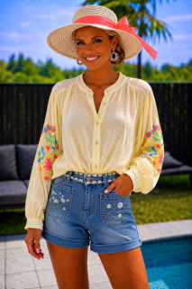 Blouse jaune broderie fluo 