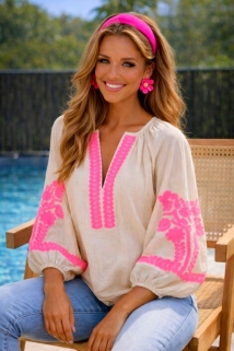 Blouse beige broderie pink 