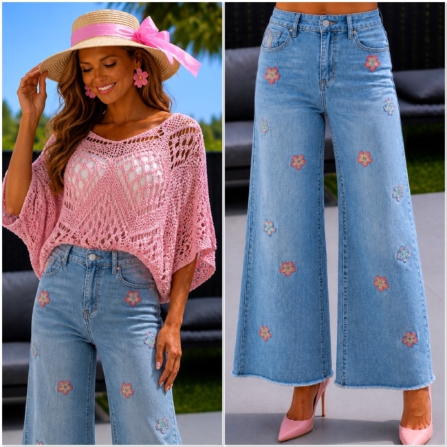 Jeans Wide leg broderie flowers
