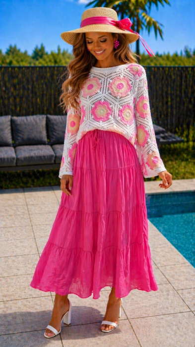 Top croché pink wit 