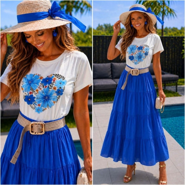 T shirt wit hart blauw bloemen 