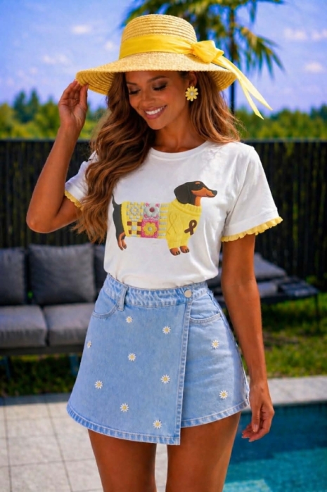 T shirt white teckel yellow