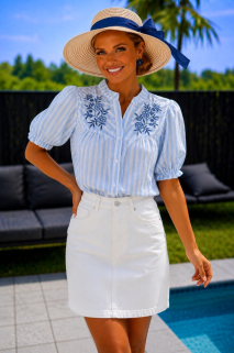 Blouse bleu rayures broderie bleu 