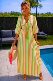 Robe vert orange rayures manche