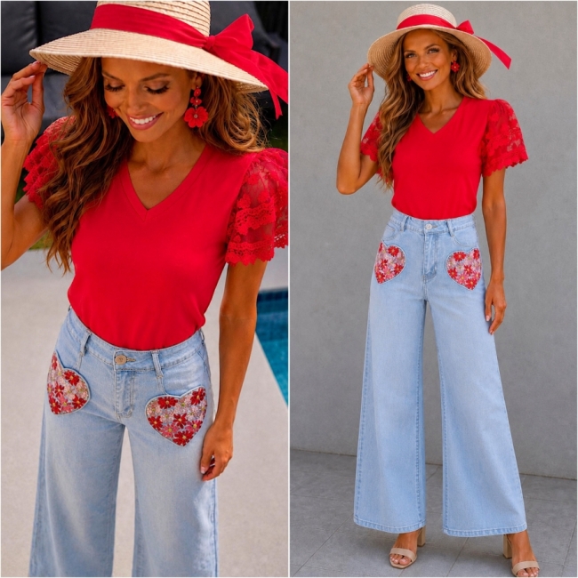 Jeans Wide leg hearts red 