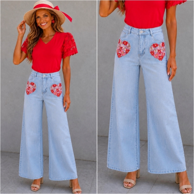 Jeans Wide leg hearts red 