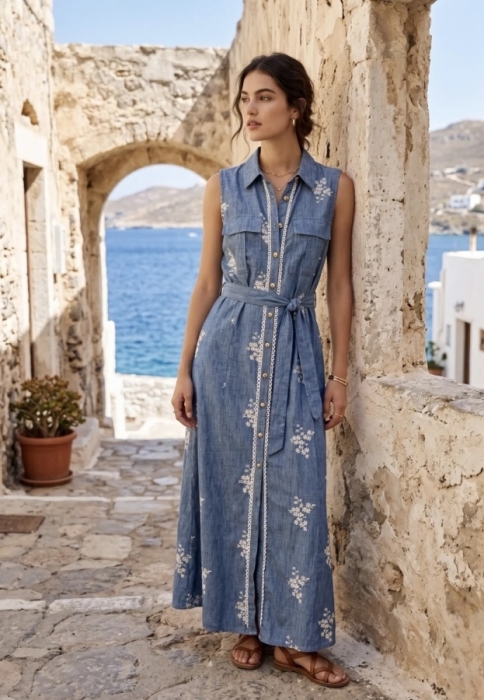 HemdKleed lang blauw broderie 
