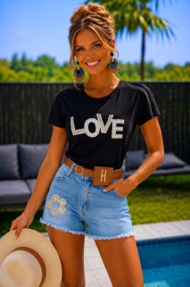 T shirt  noir love perle 