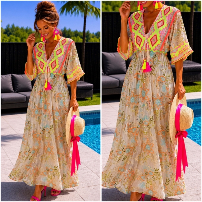 Kleed beige boho fluo detail 