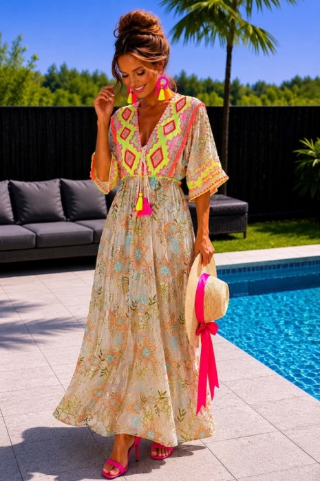 Kleed beige boho fluo detail 
