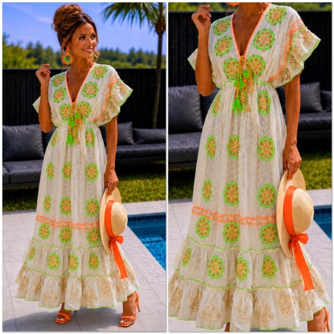 Dress crème green orange 