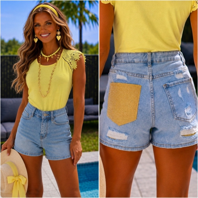 Short jeans strass jaune sac arriere