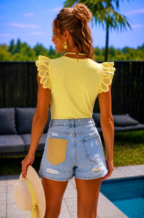 Short jeans strass jaune sac arriere