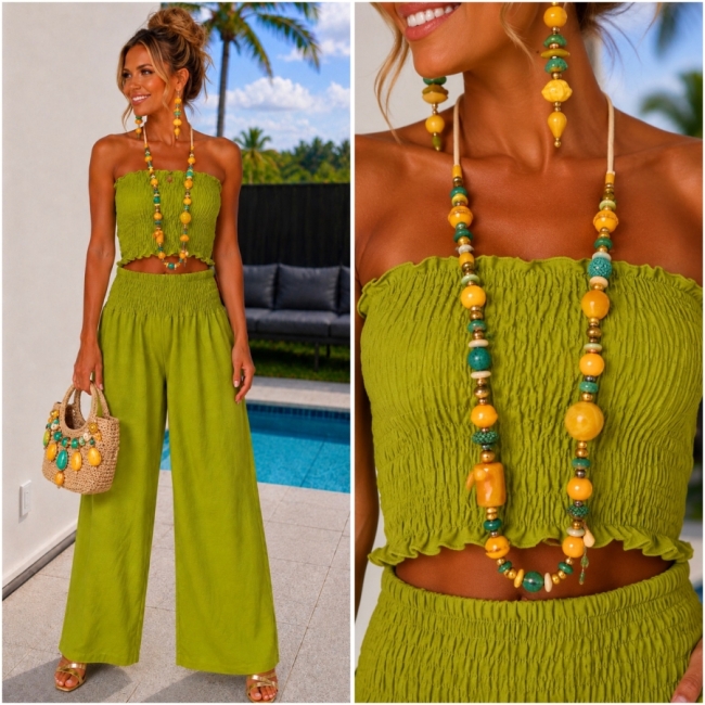 Halsketting groen geel Boho