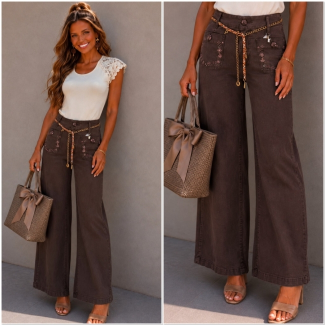 Broek Wide leg bruin zakjes bloemen