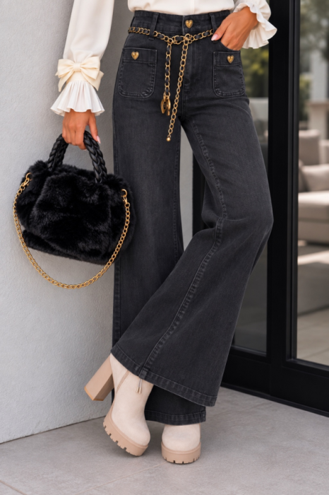 Jeans wide leg Black golden hearts