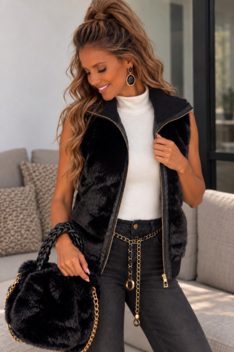 Pullgillet zwart met pels 2 in 1