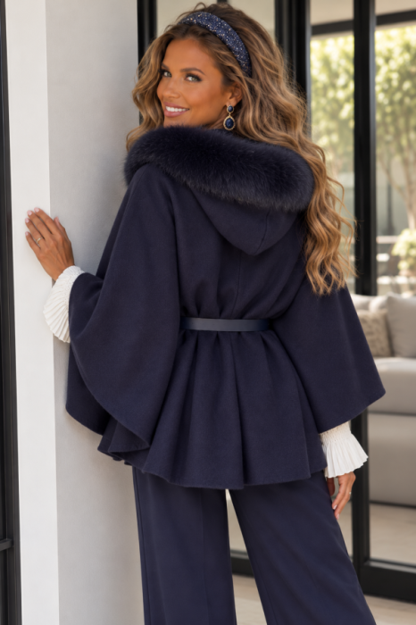 Poncho blauw golden botton met pelskap